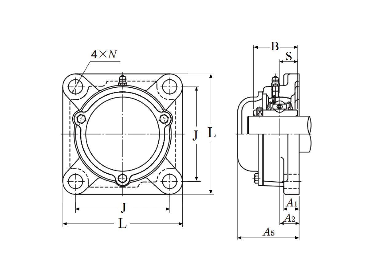 Four Bolt Square Flanged Unit, Cast Housing, Set Screw, Cast Dust Cover, Closed End, UCF Type - Dimensions