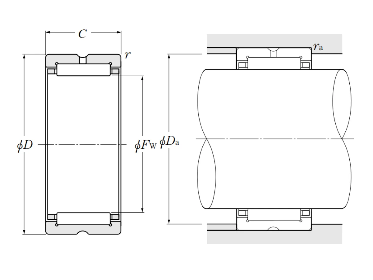 Machined-Ring Needle Roller Bearing w/o Inner Ring - RNA49.R, RNA59, RNA69.R, NK.R, MR Series - Dimensions
