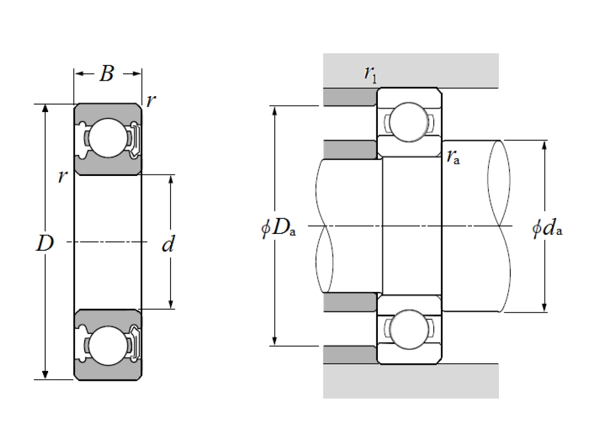 Single Row Radial Ball Bearing - Single Sealed (Non-Contact Rubber Seal) - Dimensions