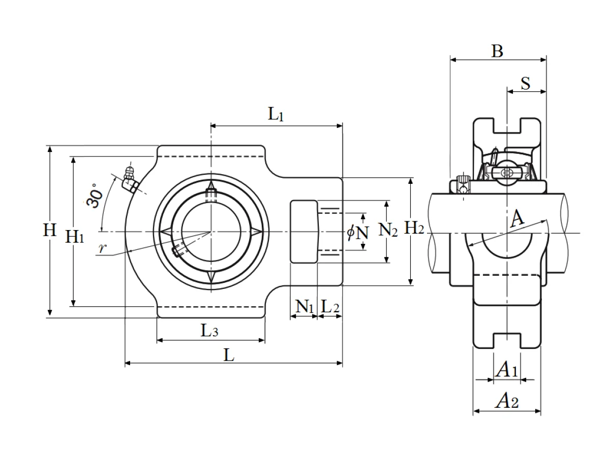 Take-Up Unit, Cast Housing, Set Screw, UCT Type - Dimensions