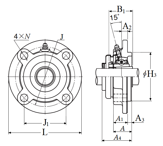 Four Bolt Round Flange Unit, Cast Housing, Adapter, Pressed Steel Dust Cover, Open End, UKFC Type - Dimensions – S-UKFC212D1-WHEN-USED-WITH-HS2312