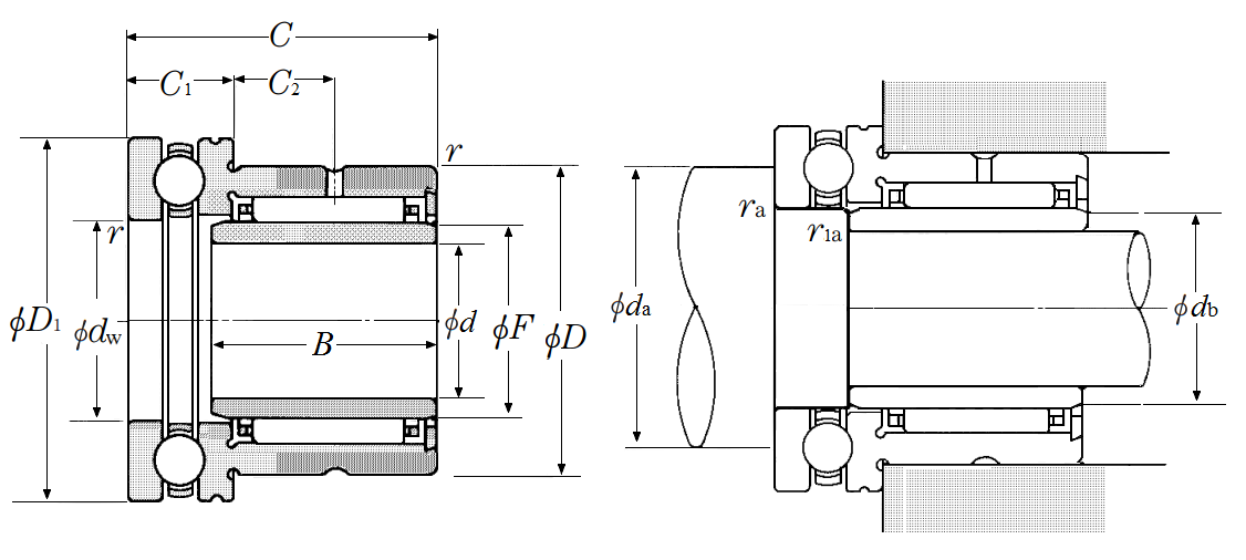 Needle Roller Bearing with Thrust Ball Bearing - Open Type w/ Inner Ring - Dimensions – NKX20T2-1R17X20X20