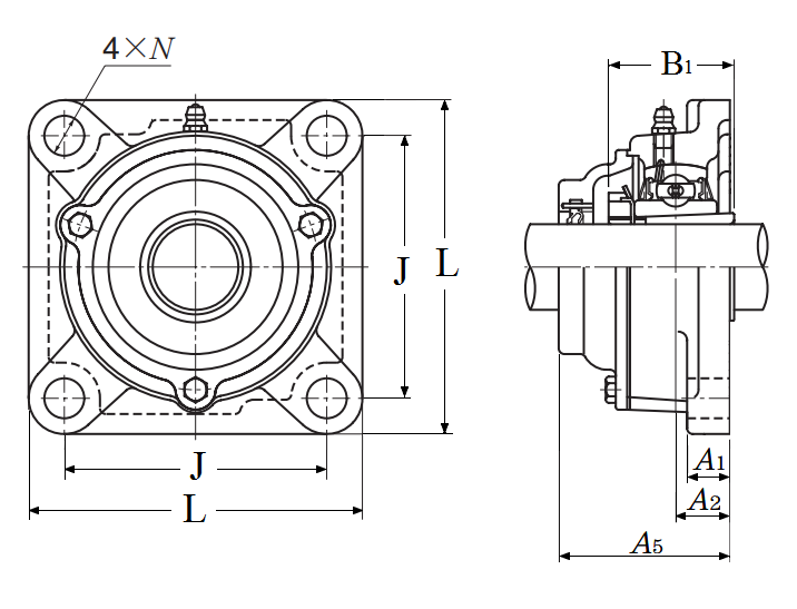 Four Bolt Square Flanged Unit, Cast Housing, Adapter, Cast Dust Cover, Open End, UKF Type - Dimensions – C-UKF305D1-WHEN-USED-WITH-H2305X