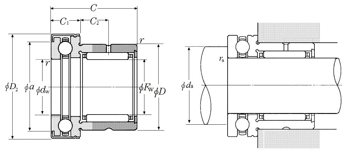 Needle Roller Bearing with Thrust Ball Bearing - w/ Cover - Dimensions – NKX45Z