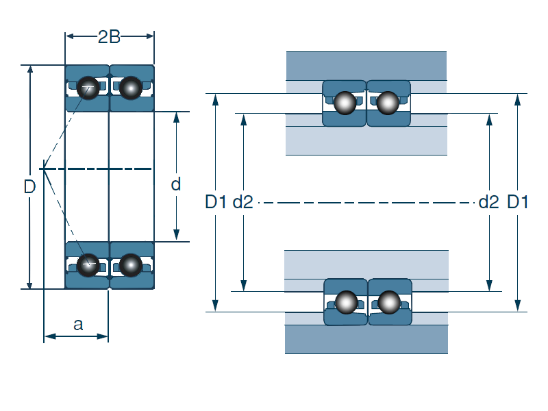 Sealed Duplex Hybrid Angular Contact Ball Bearing, High Precision - Dimensions – MLECH7005CVDUJ74S