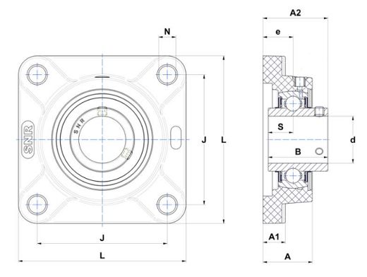 Four Bolt Square Flanged Unit, Thermoplastic Housing, Set Screw, SUCFPL Type - Dimensions – SUCFPL208