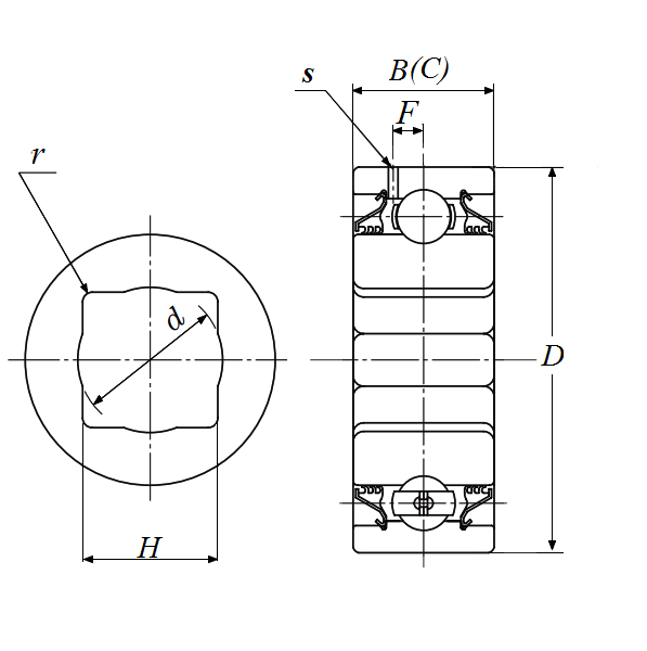 Heavy Duty Disc Bearing - Square Bore, Cylindrical O.D., Type 7 - Dimensions – DC210TTR4