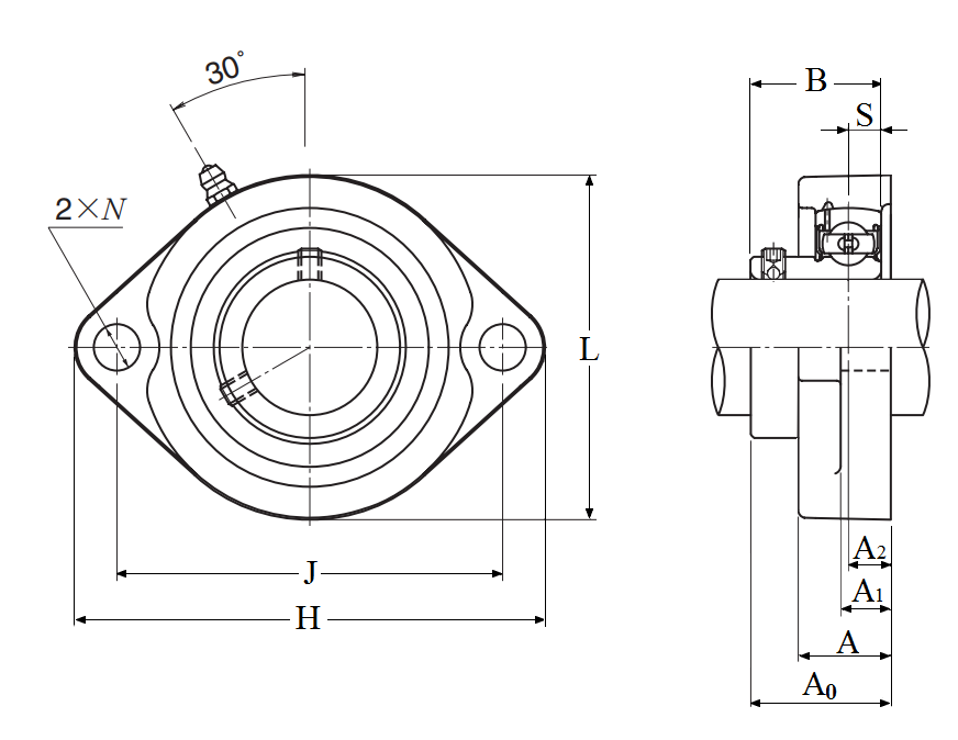 Two Bolt Rhombus Flanged Unit, Cast Housing, Set Screw, ASFB Type - Dimensions – ASFB205-013