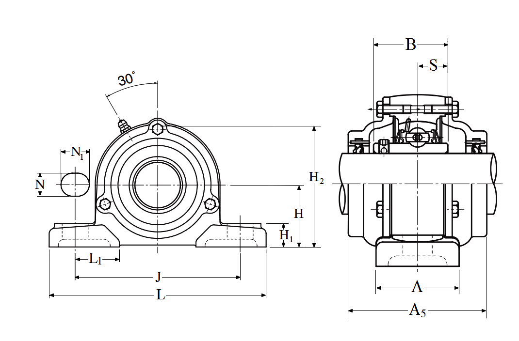 Pillow Block Unit, Set Screw, Cast Dust Cover, Open End, UCP Type - Dimensions – C-UCP206D1-C