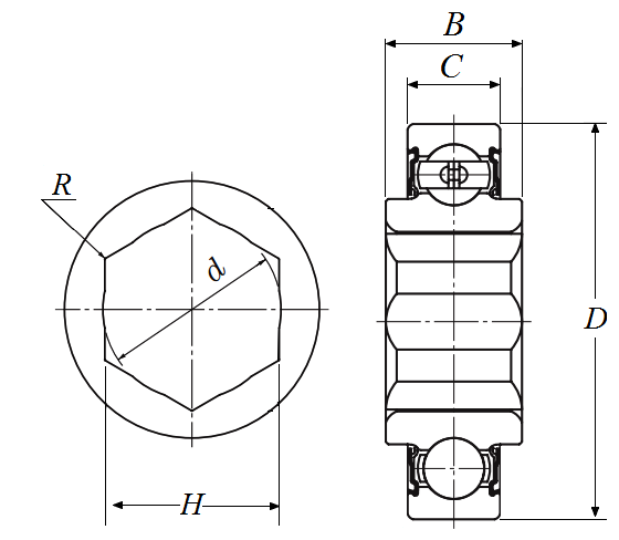 Adapter Bearing - HP Type, Hex Bore, Cylindrical O.D. - Dimensions – HPC100TR