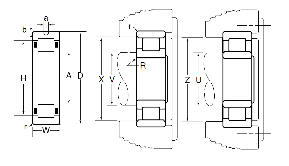 Outer Ring w/ Cage & Rollers, Two Ribs & Blind Dowel Hole in Outer Ring O.D. - Dimensions – M1012EAHL