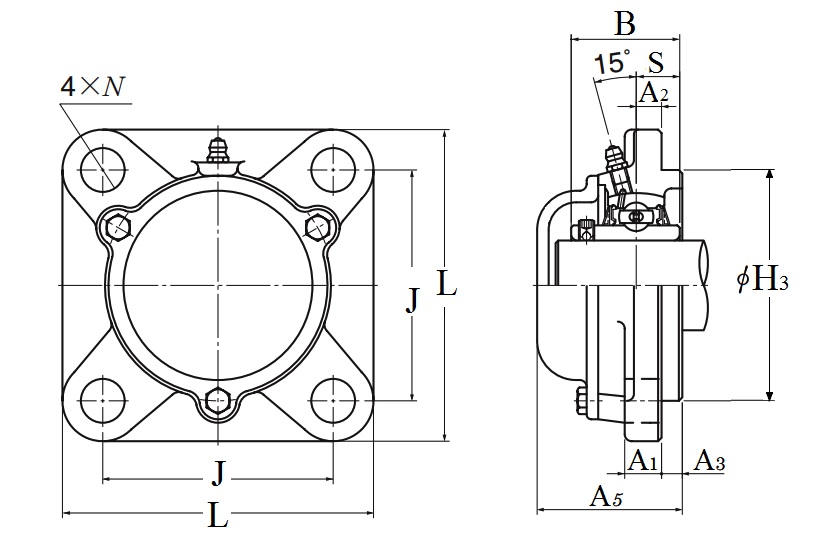 Four Bolt Square Flanged Unit, Cast Housing, Set Screw, Cast Dust Cover, Closed End, UCFS Type - Dimensions – CM-UCFS307D1