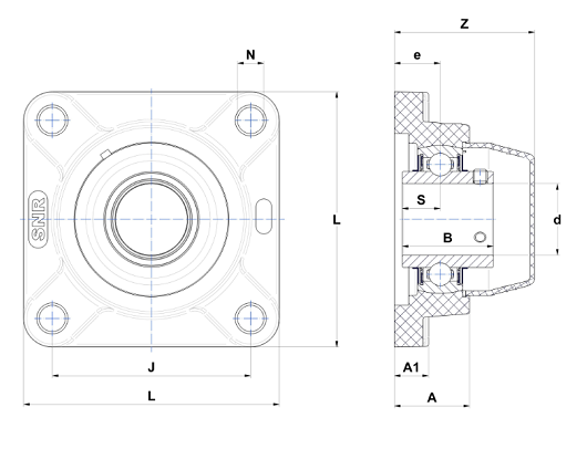 Four Bolt Square Flanged Unit, Thermoplastic Housing, Set Screw, Closed Cover, SUCFPL Type - Dimensions – SUCFPL208CCFG1