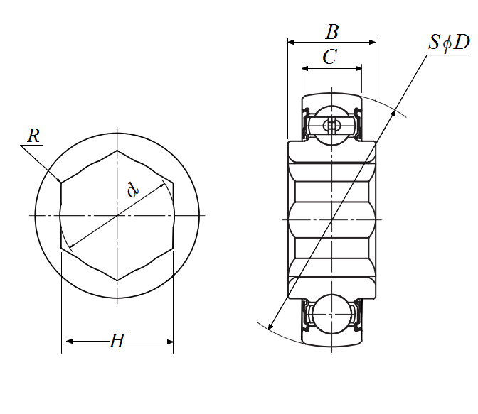 Adapter Bearing - HP Type, Hex Bore, Spherical O.D. - Dimensions – HPS104TR
