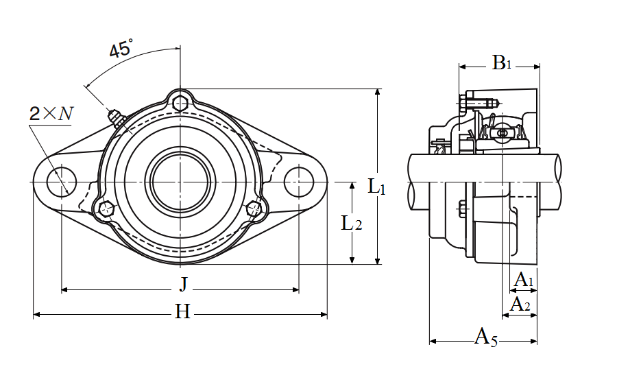 Two Bolt Rhombus Flanged Unit, Cast Housing, Adapter, Cast Dust Cover, Open End, UKFL Type - Dimensions – C-UKFL306D1-WHEN-USED-WITH-H2306X