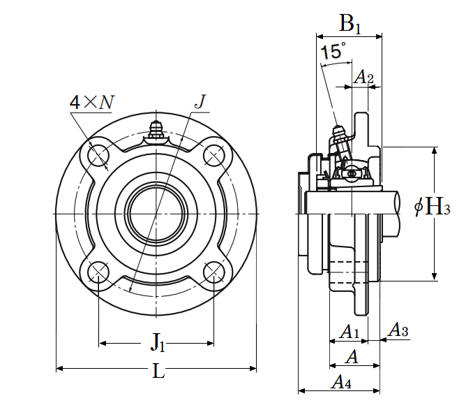 Four Bolt Round Flange Unit, Cast Housing, Adapter, Pressed Steel Dust Cover, Closed End, UKFC Type - Dimensions – SM-UKFC210D1-WHEN-USED-WITH-HE2310X