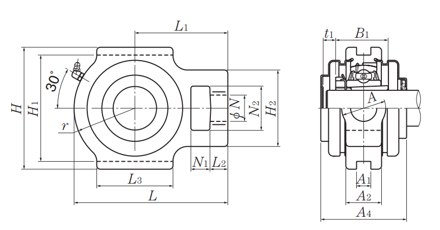 Take-Up Unit, Cast Housing, Adapter, Pressed Steel Dust Cover, Closed End, UKT Type - Dimensions – SM-UKT210D1-WHEN-USED-WITH-H2310X