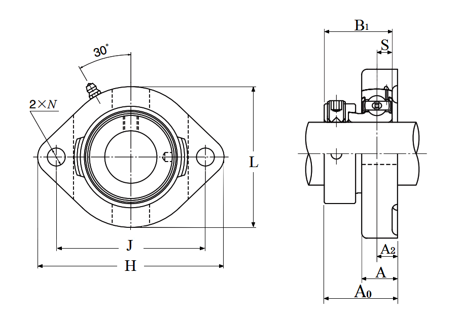 Two Bolt Rhombus Flanged Unit, Cast Housing, Eccentric Locking Collar, AELFD Type - Dimensions – AELFD205