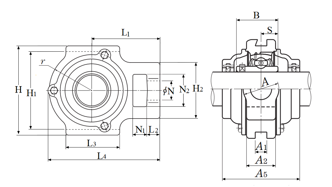 Take-Up Unit, Cast Housing, Set Screw, Cast Dust Cover, Open End, UCT Type - Dimensions – C-UCT206-104D1