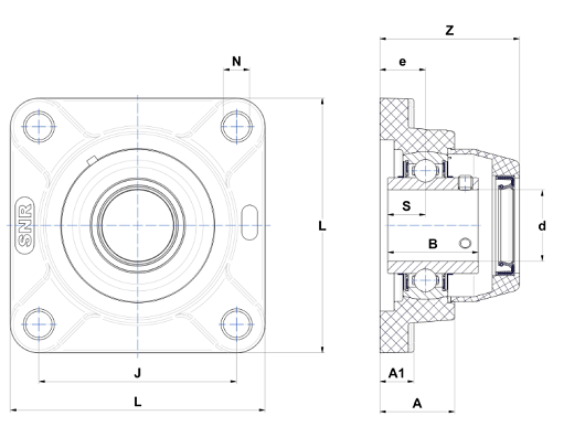 Four Bolt Square Flanged Unit, Thermoplastic Housing, Set Screw, Open Cover, SUCFPL Type - Dimensions – SUCFPL205C0FG1