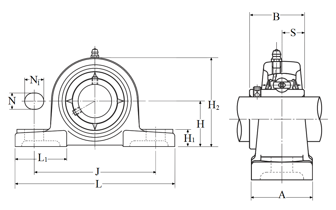 Pillow Block Unit, Cast Housing, Low Center Height, Set Screw, UCPL Type - Dimensions – UCPL209-110D1