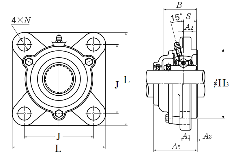 Four Bolt Square Flanged Unit, Cast Housing, Set Screw, Cast Dust Cover, Open End, UCFS Type - Dimensions – C-UCFS307D1